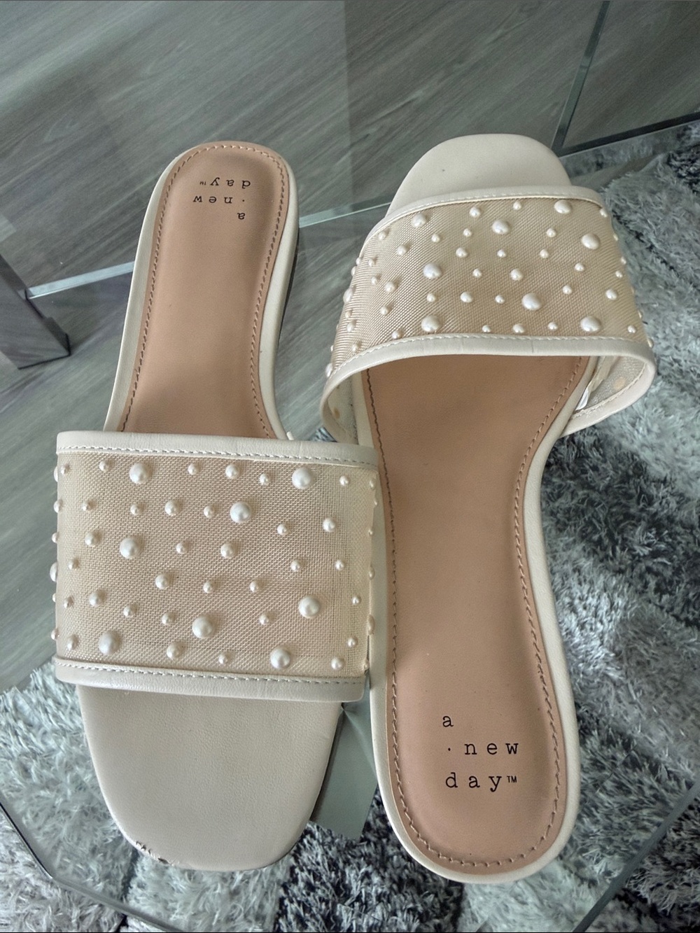 a new day Pearl-Embellished Cream Slide Mules